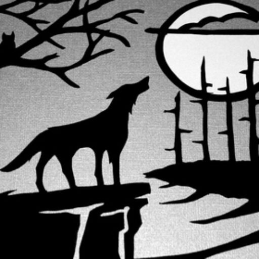 Wolf Ridge Logo - Black wolf howling at the white moon. Black trees and owls in the background. Night sky is grey.