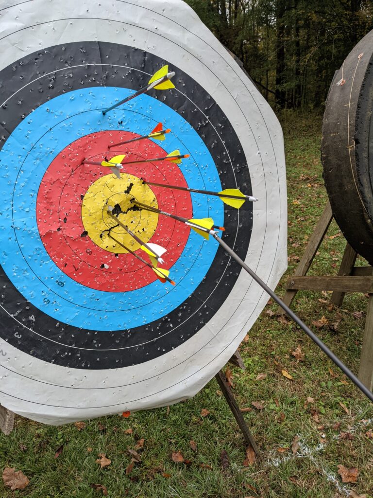 target with arrows. one arrow stuck in another